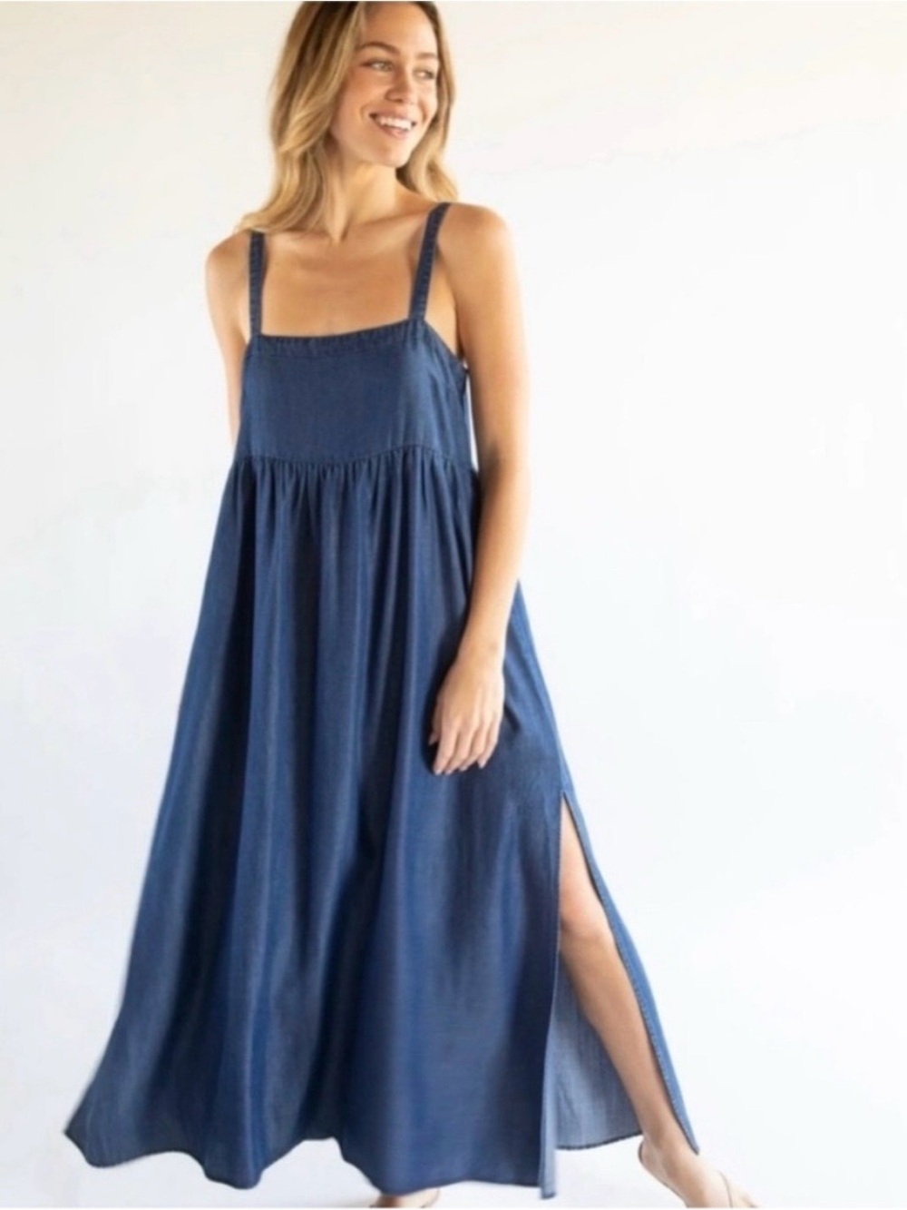 NATURAL LIFE Patti Maxi Dress with Side Slit in Denim Blue